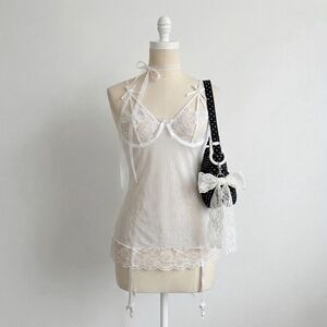 Elegant White Lace And Mesh Slip Dress/lingerie
